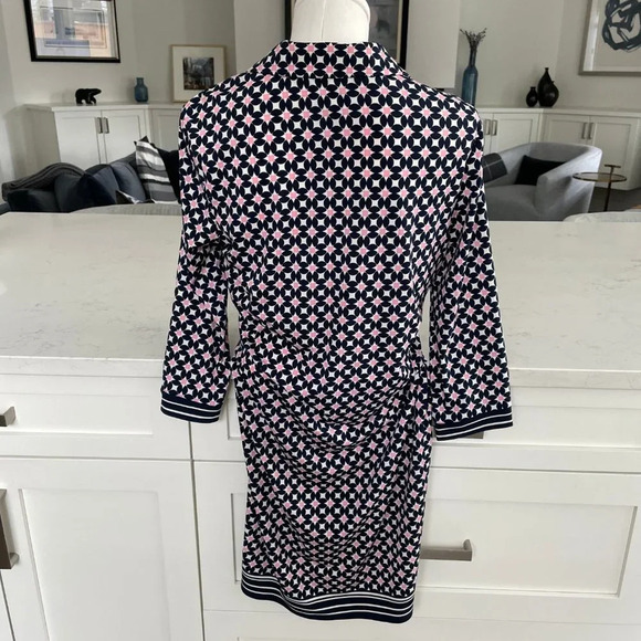 Max Studio 3/4 Sleeve Geometric Print Polyester Blend Dress Navy Wht Pink Sz M - Picture 5 of 12